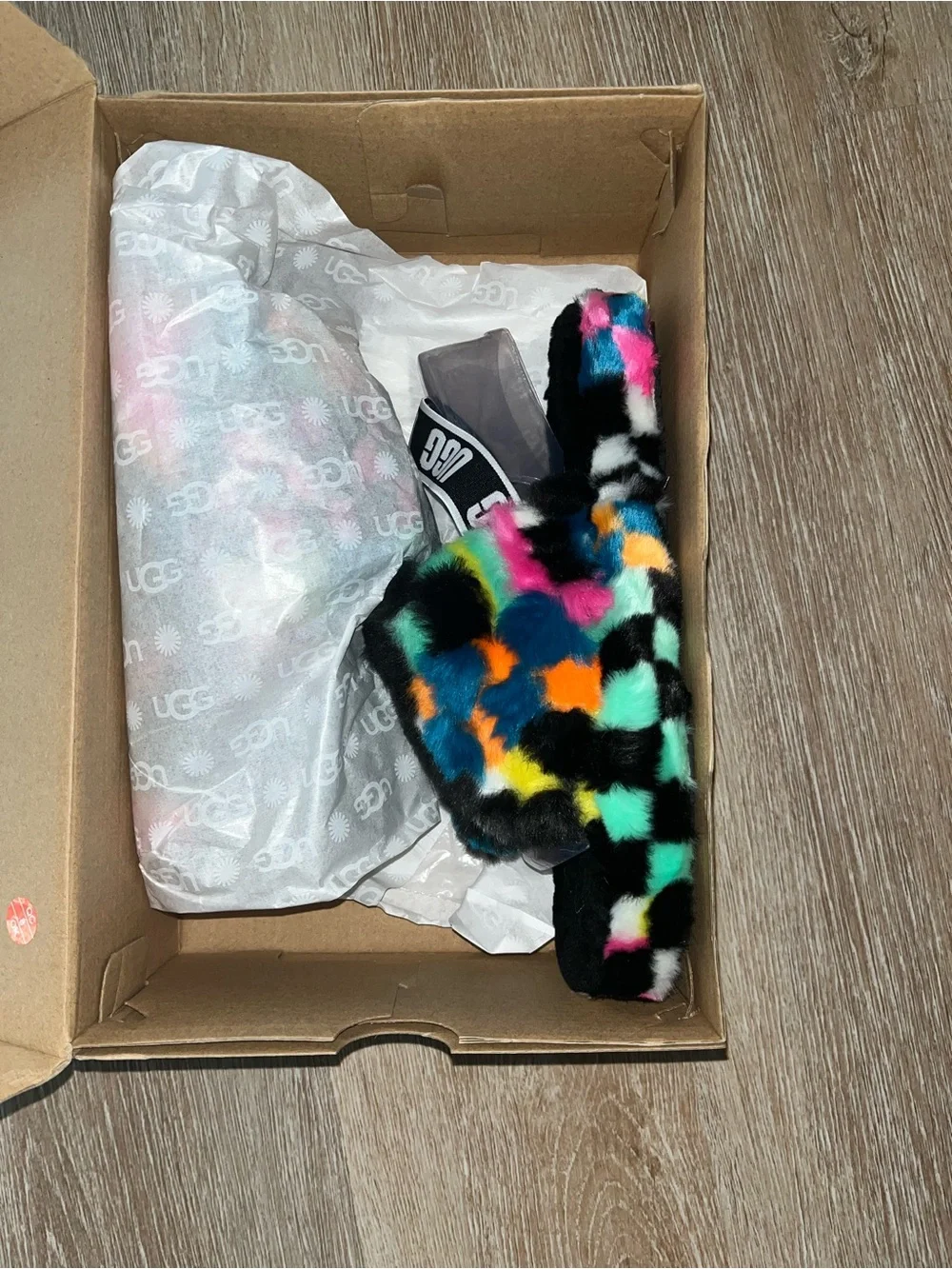 UGG  Multicolor Faux-Fur Slide Sandals - Pink, Teal, Orange, Yellow & Black